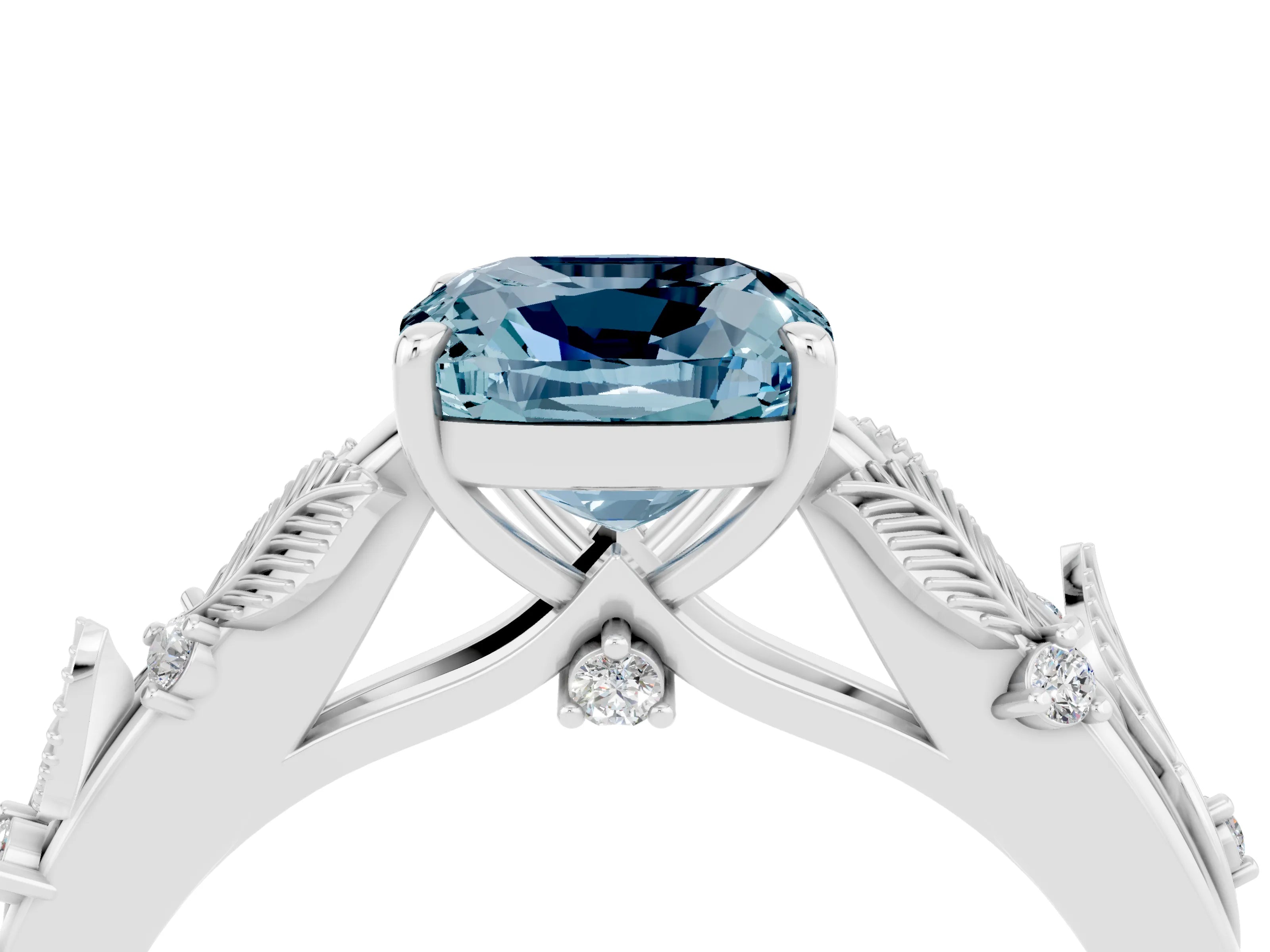 White gold Cushion Cut Aquamarine Solitaire Ring with Leaf Motif Band and Four-Prong Setting_4