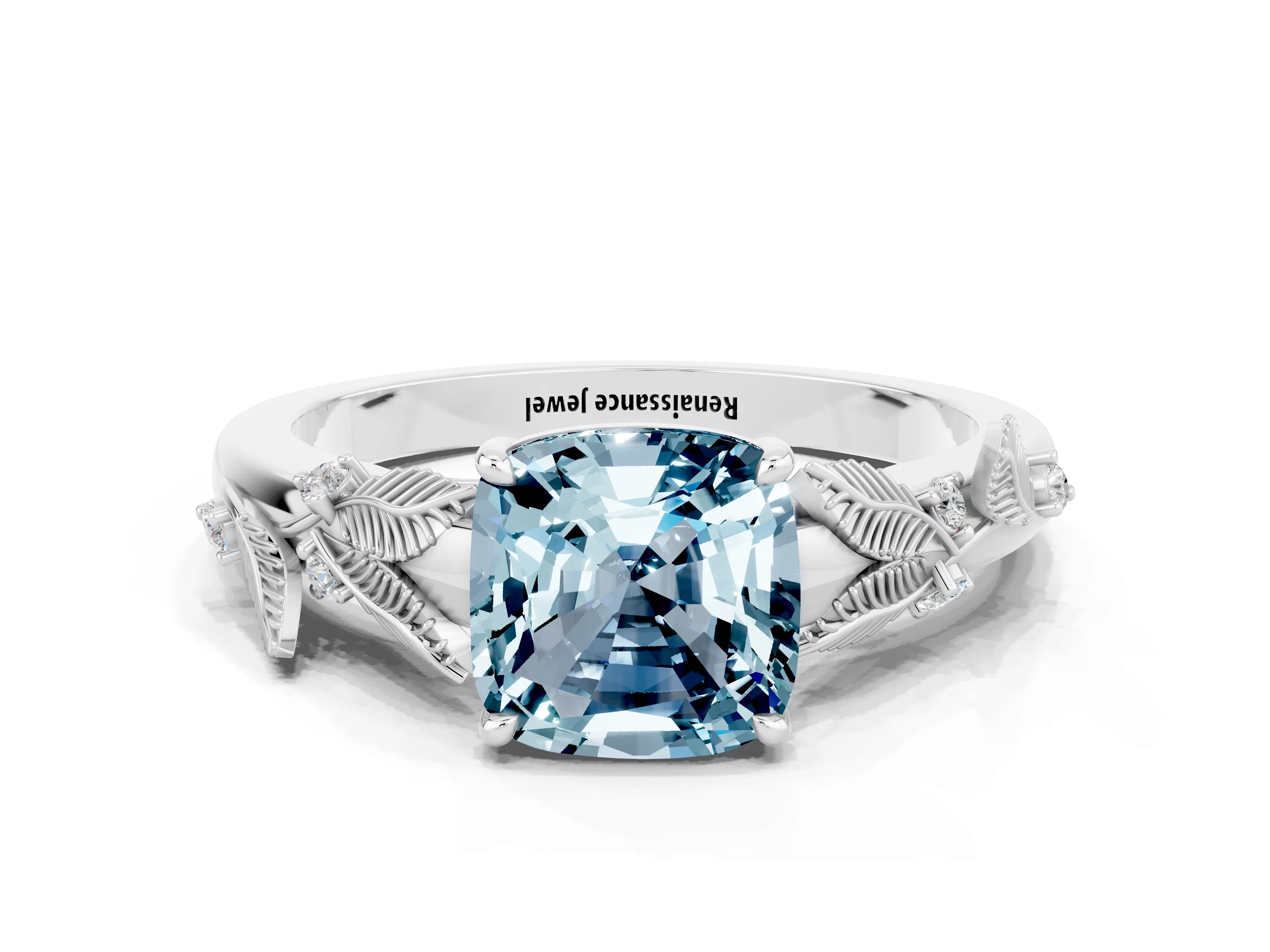 White gold Cushion Cut Aquamarine Solitaire Ring with Leaf Motif Band and Four-Prong Setting_6