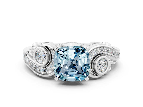 Silver Cushion Cut Aquamarine Solitaire Ring with Milgrain Pavé Band and Four-Prong Setting