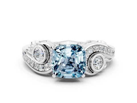 White gold Cushion Cut Aquamarine Solitaire Ring with Milgrain Pavé Band and Four-Prong Setting_12