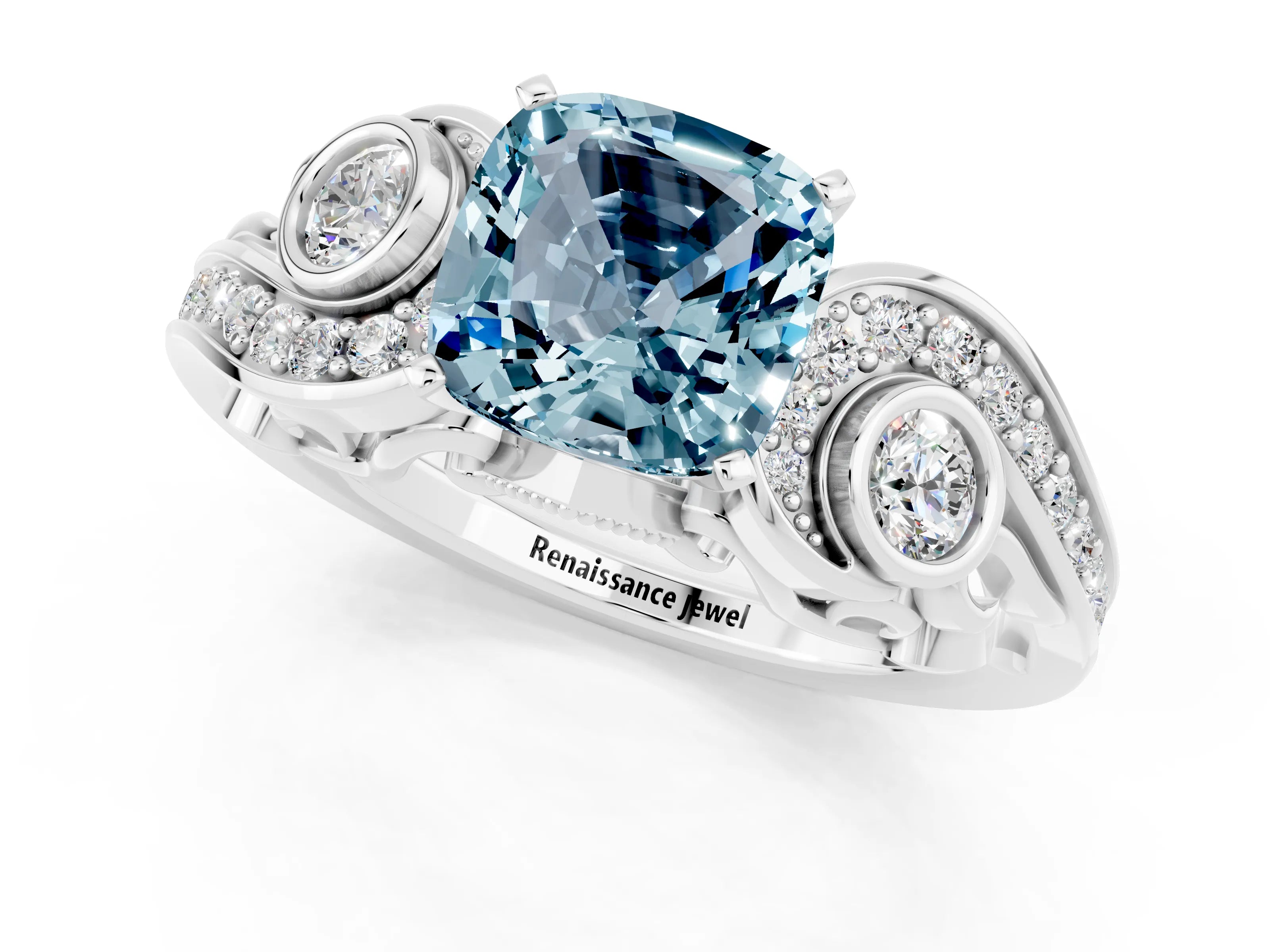 White gold Cushion Cut Aquamarine Solitaire Ring with Milgrain Pavé Band and Four-Prong Setting_13