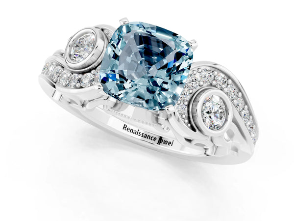 Silver Cushion Cut Aquamarine Solitaire Ring with Milgrain Pavé Band and Four-Prong Setting