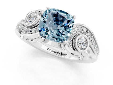White gold Cushion Cut Aquamarine Solitaire Ring with Milgrain Pavé Band and Four-Prong Setting_13