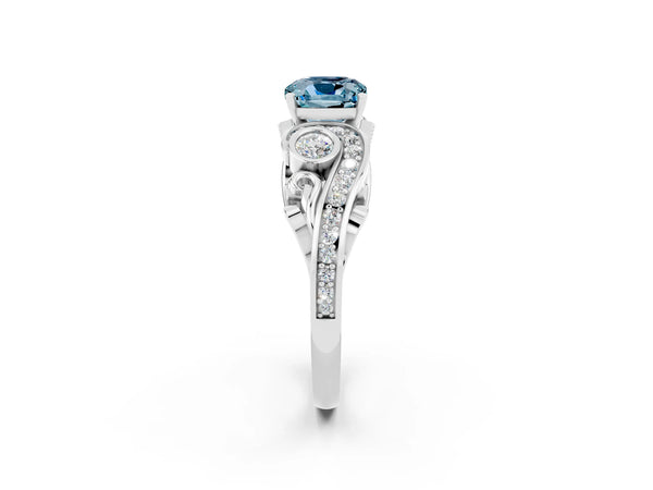 Platinum Cushion Cut Aquamarine Solitaire Ring with Milgrain Pavé Band and Four-Prong Setting
