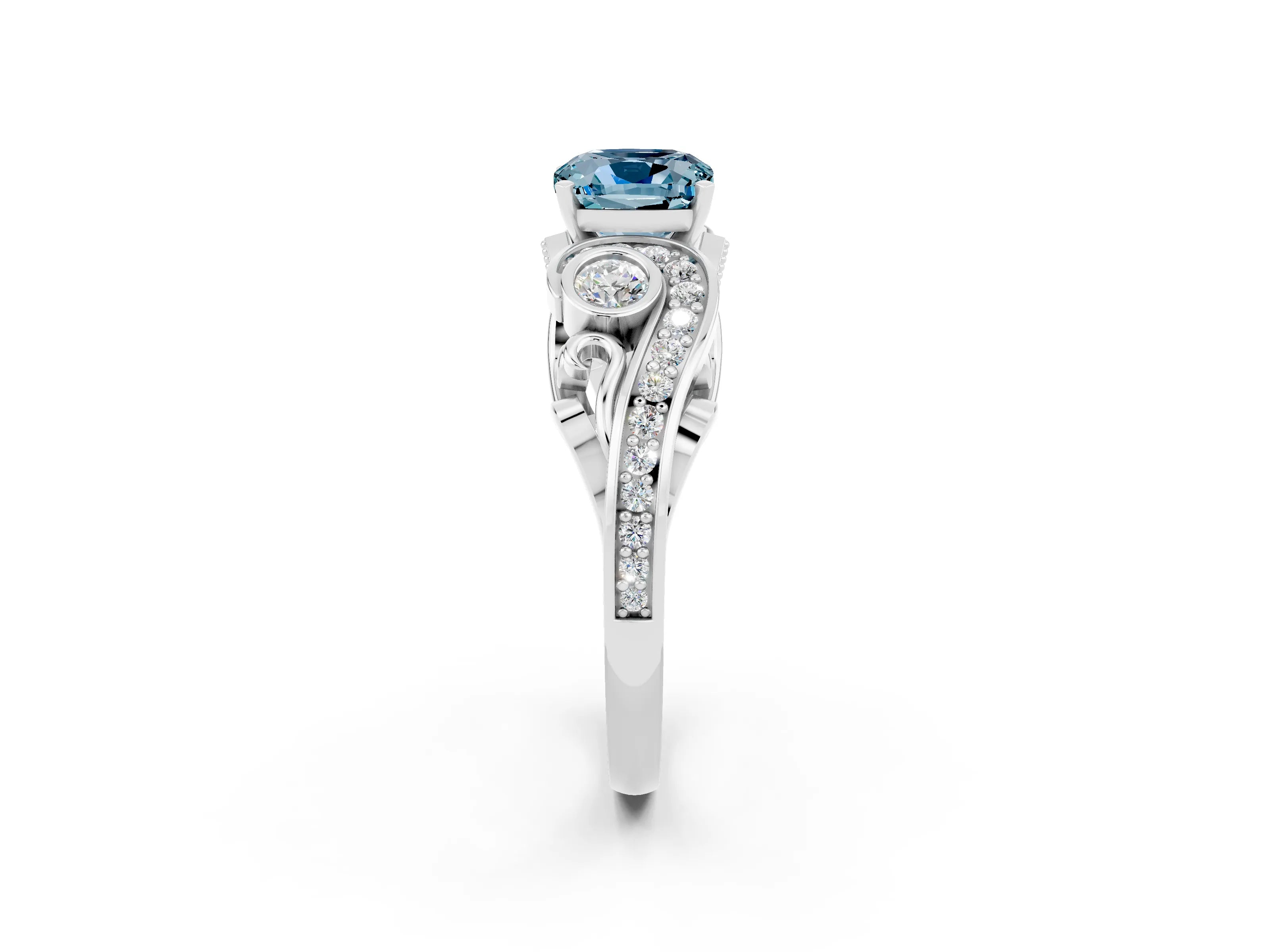 White gold Cushion Cut Aquamarine Solitaire Ring with Milgrain Pavé Band and Four-Prong Setting_14