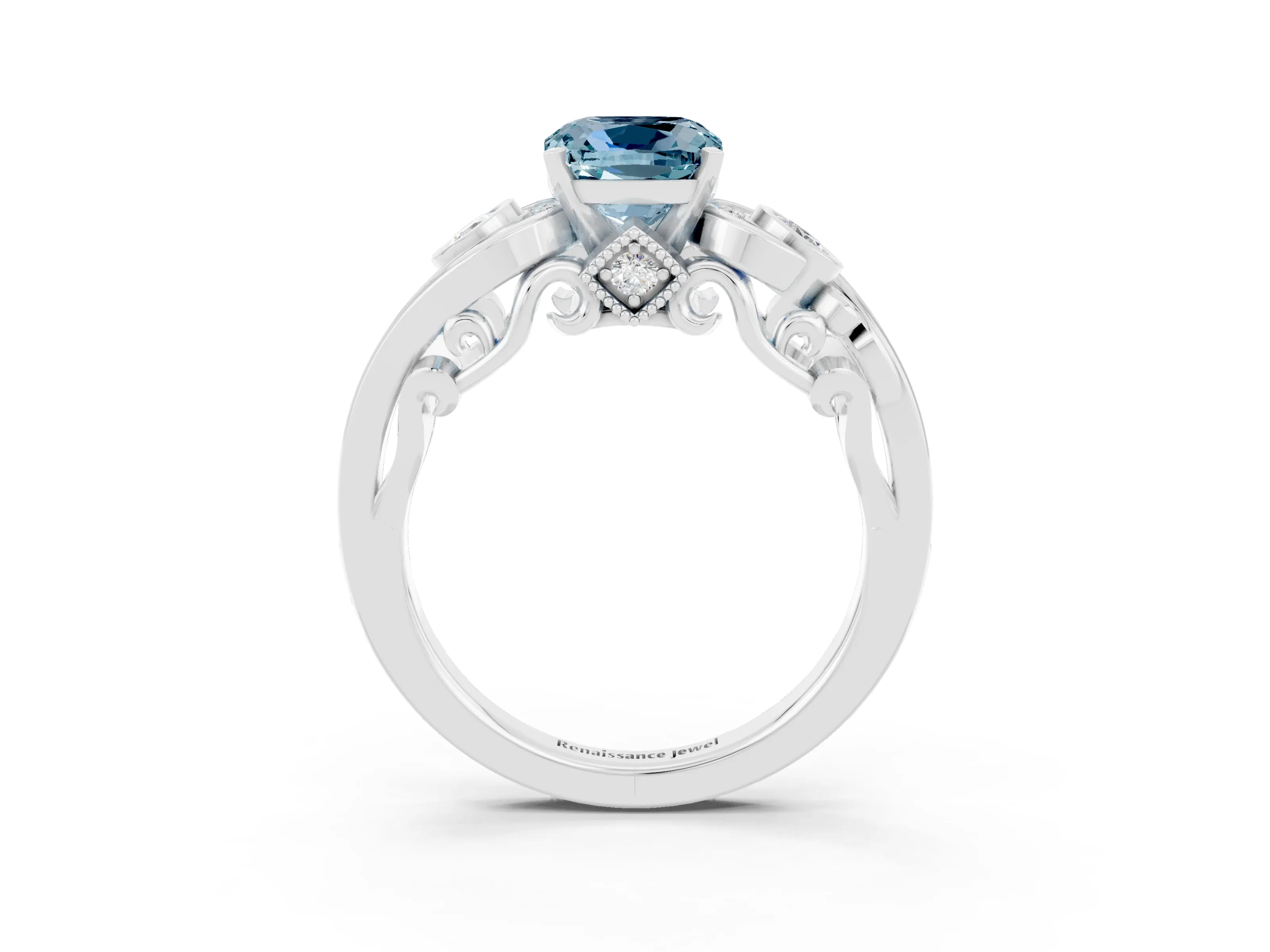 White gold Cushion Cut Aquamarine Solitaire Ring with Milgrain Pavé Band and Four-Prong Setting_15