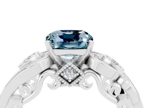 White gold Cushion Cut Aquamarine Solitaire Ring with Milgrain Pavé Band and Four-Prong Setting_16