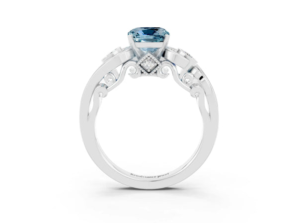 White gold Cushion Cut Aquamarine Solitaire Ring with Milgrain Pavé Band and Four-Prong Setting