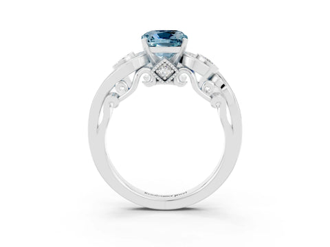 White gold Cushion Cut Aquamarine Solitaire Ring with Milgrain Pavé Band and Four-Prong Setting_51