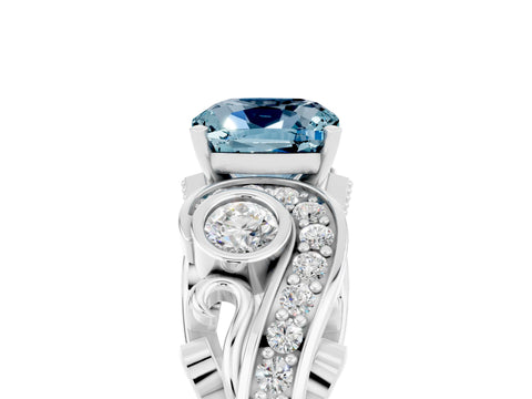White gold Cushion Cut Aquamarine Solitaire Ring with Milgrain Pavé Band and Four-Prong Setting_53