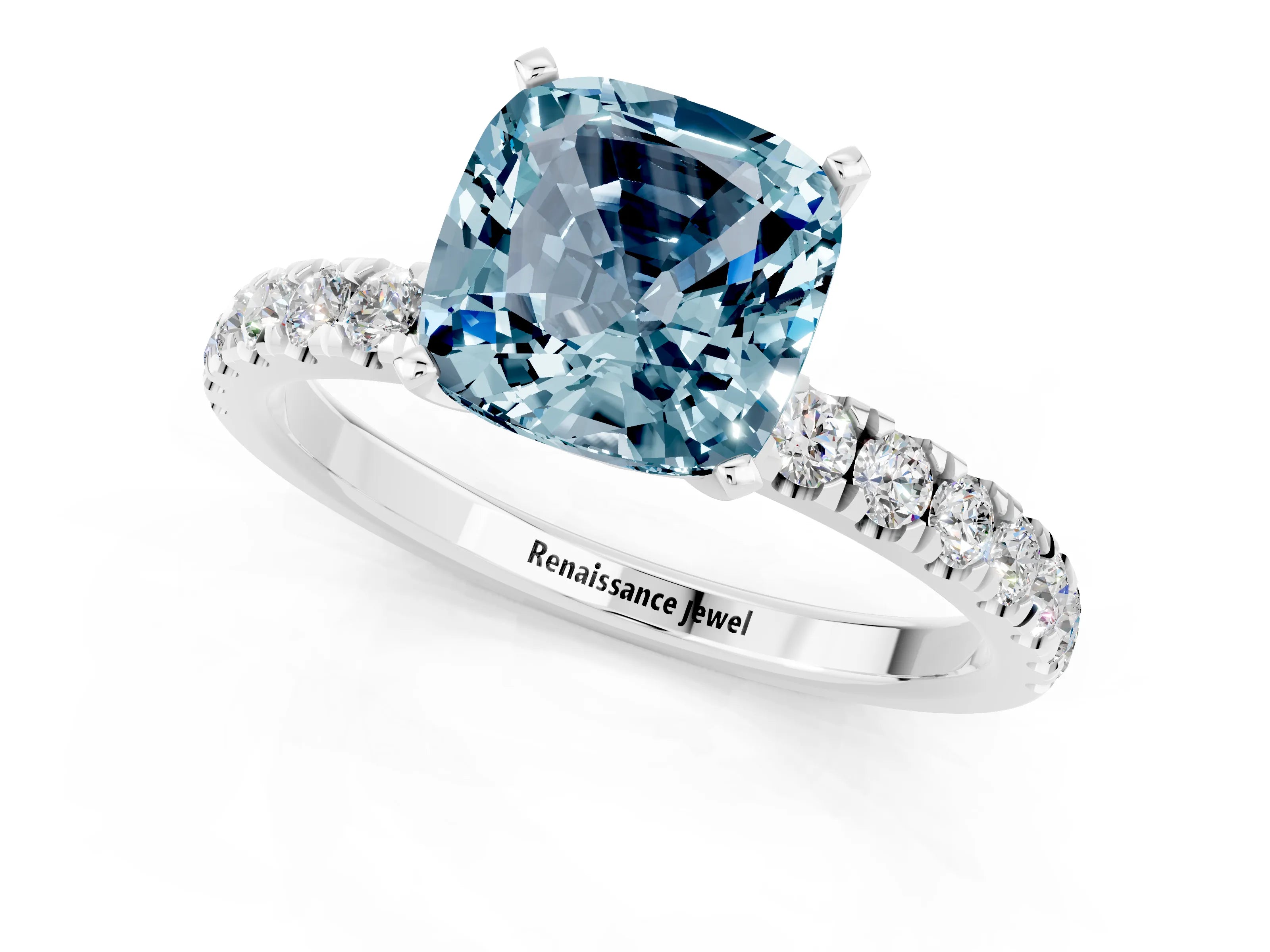 White gold Cushion Cut Aquamarine Solitaire Ring with Pavé Accents and Four-Prong Setting_1