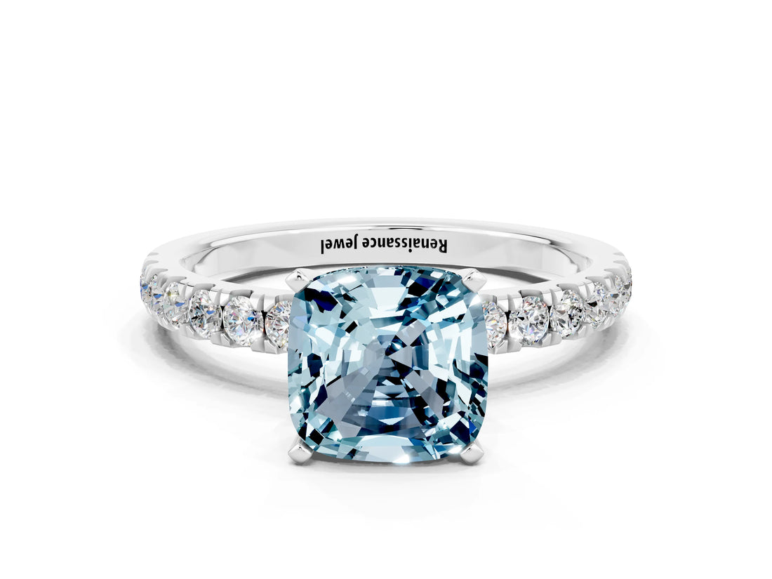 White gold Cushion Cut Aquamarine Solitaire Ring with Pavé Accents and Four-Prong Setting