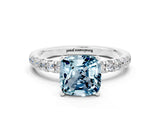 White gold Cushion Cut Aquamarine Solitaire Ring with Pavé Accents and Four-Prong Setting