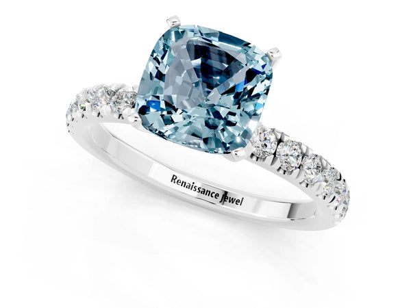 White gold Cushion Cut Aquamarine Solitaire Ring with Pavé Accents and Four-Prong Setting