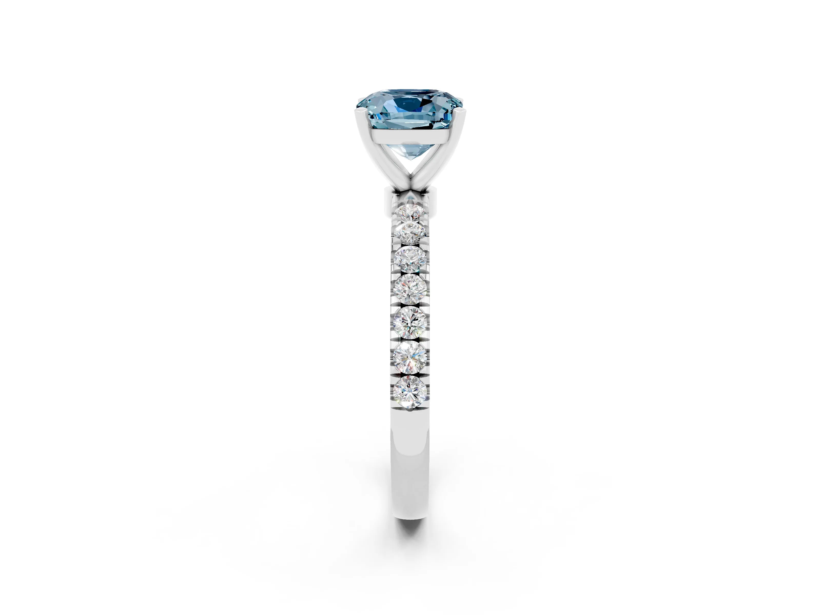 White gold Cushion Cut Aquamarine Solitaire Ring with Pavé Accents and Four-Prong Setting_2