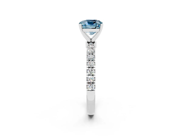 Platinum Cushion Cut Aquamarine Solitaire Ring with Pavé Accents and Four-Prong Setting