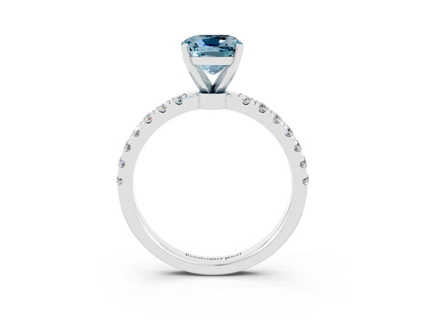 Platinum Cushion Cut Aquamarine Solitaire Ring with Pavé Accents and Four-Prong Setting