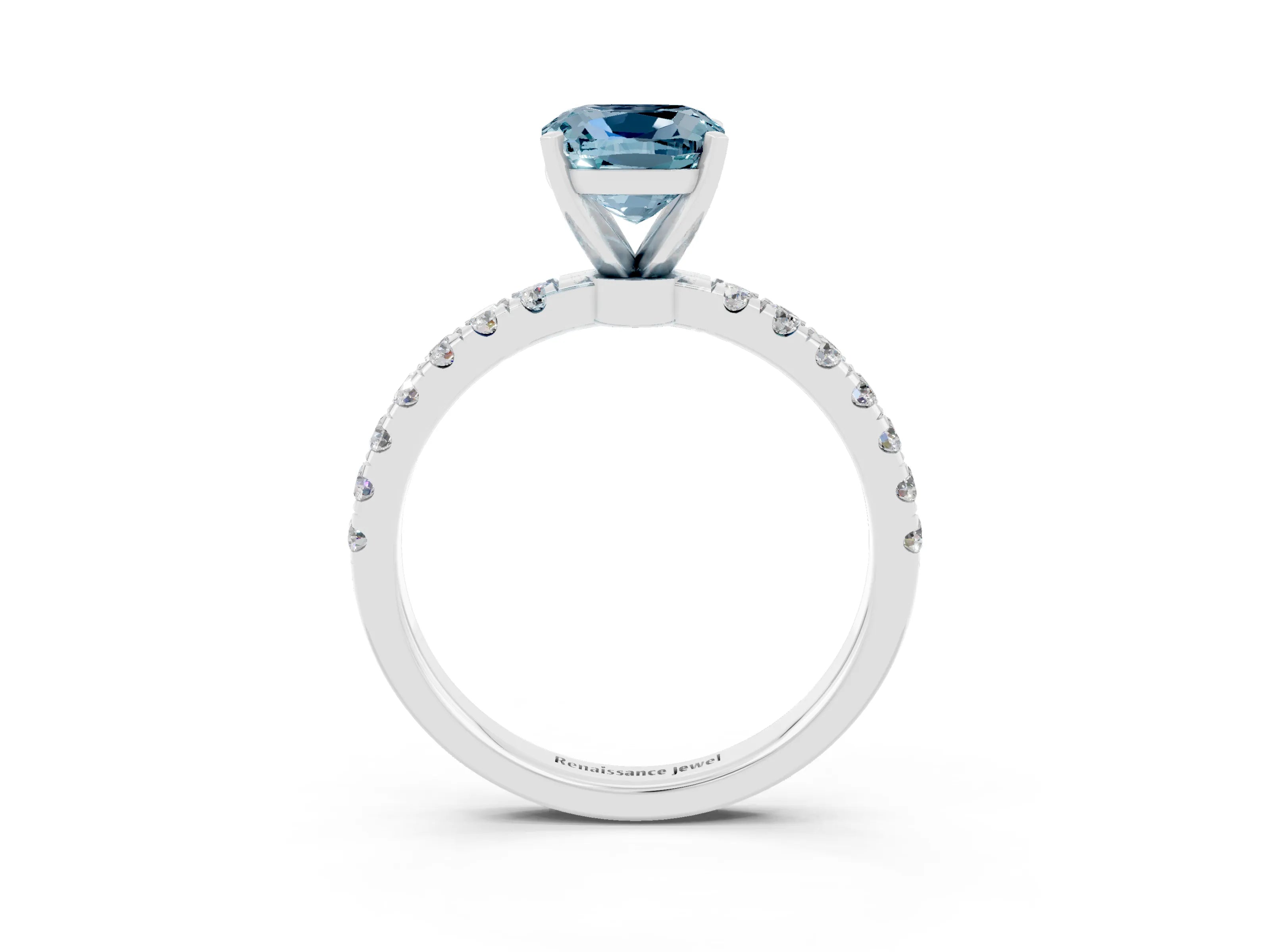 White gold Cushion Cut Aquamarine Solitaire Ring with Pavé Accents and Four-Prong Setting_3