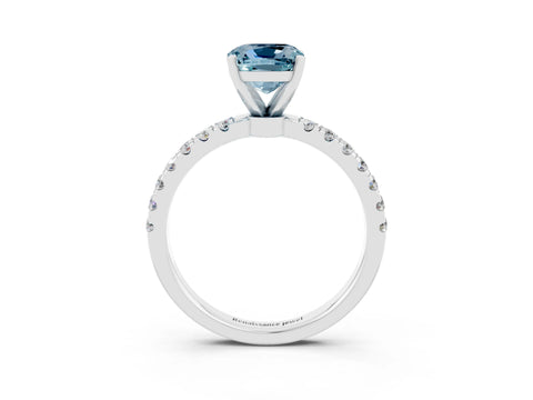 White gold Cushion Cut Aquamarine Solitaire Ring with Pavé Accents and Four-Prong Setting_3