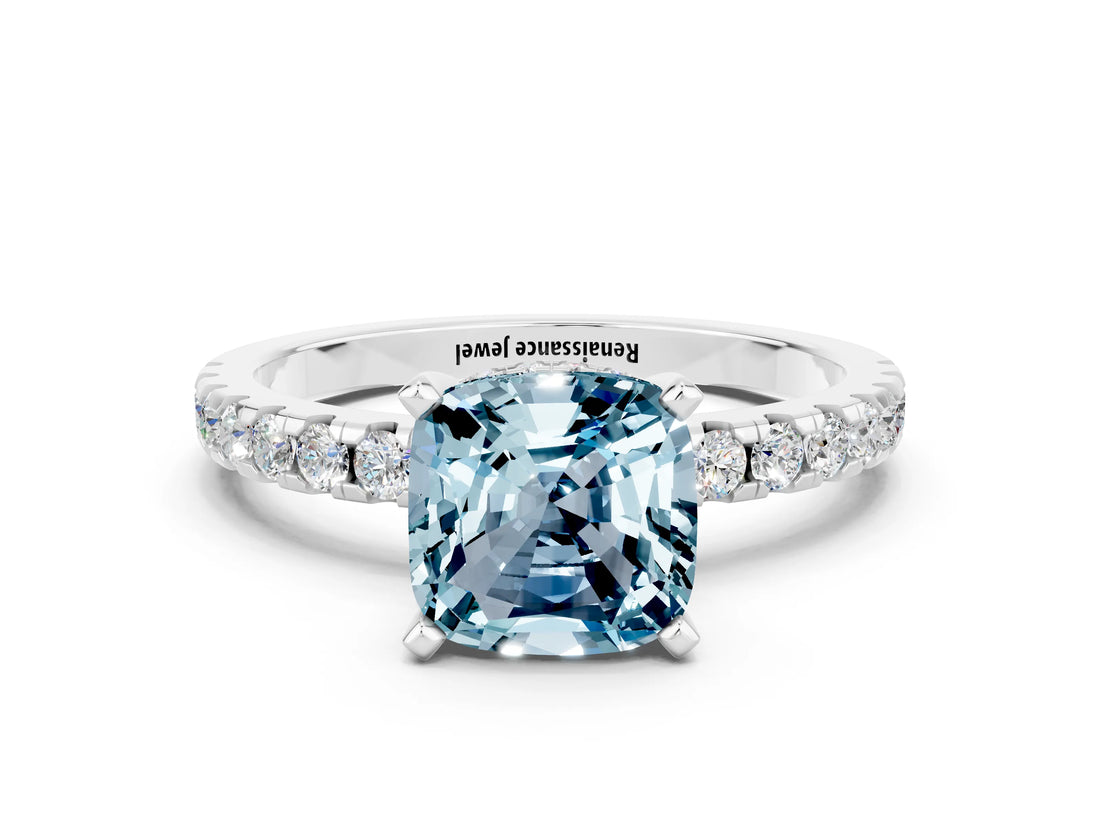 White gold Cushion Cut Aquamarine Solitaire Ring with Pavé Band and Four-Prong Setting_24