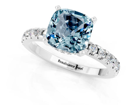 White gold Cushion Cut Aquamarine Solitaire Ring with Pavé Band and Four-Prong Setting_25