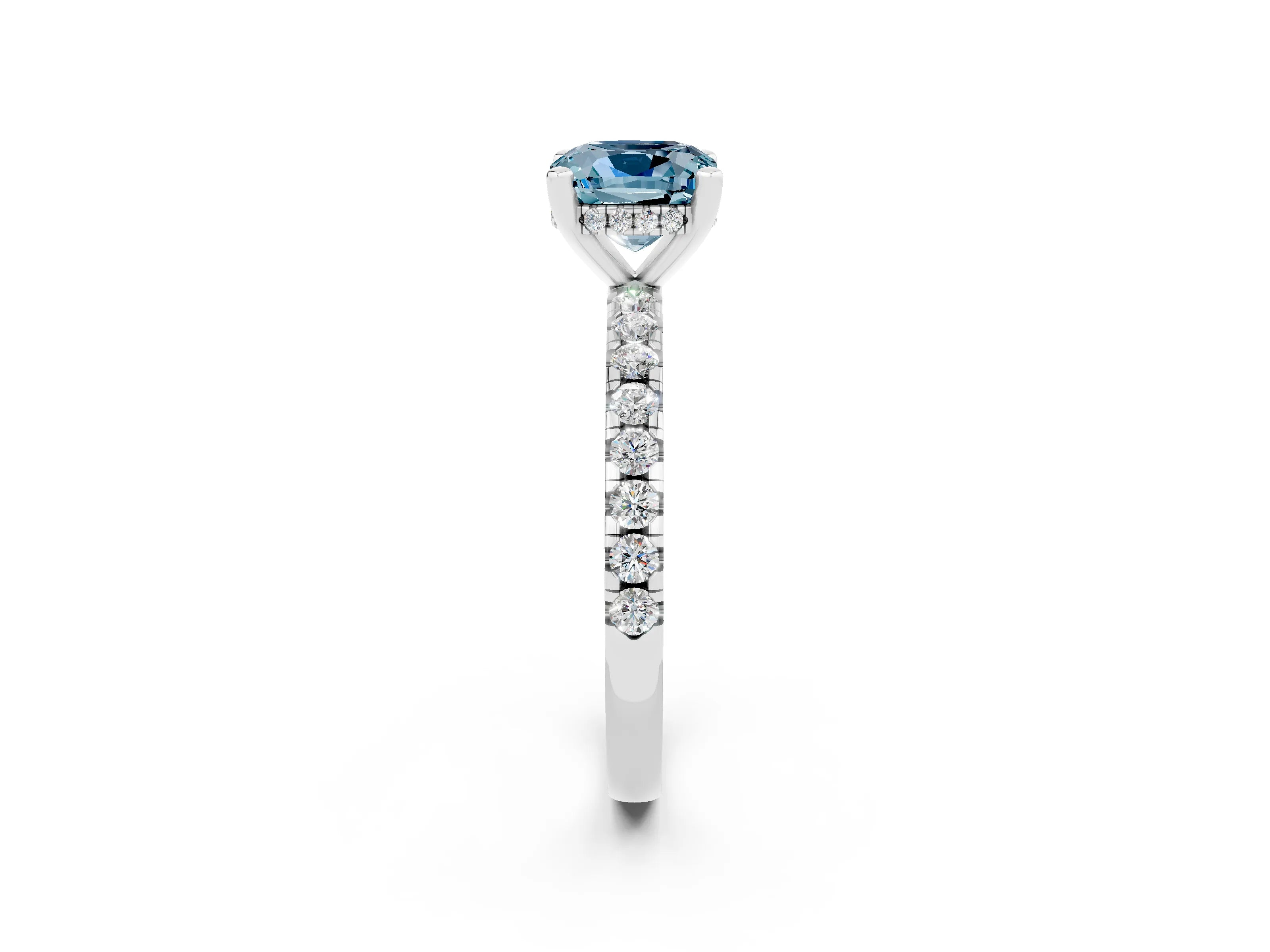 White gold Cushion Cut Aquamarine Solitaire Ring with Pavé Band and Four-Prong Setting_26