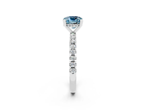 White gold Cushion Cut Aquamarine Solitaire Ring with Round  Pavé Band and Four-Prong Setting