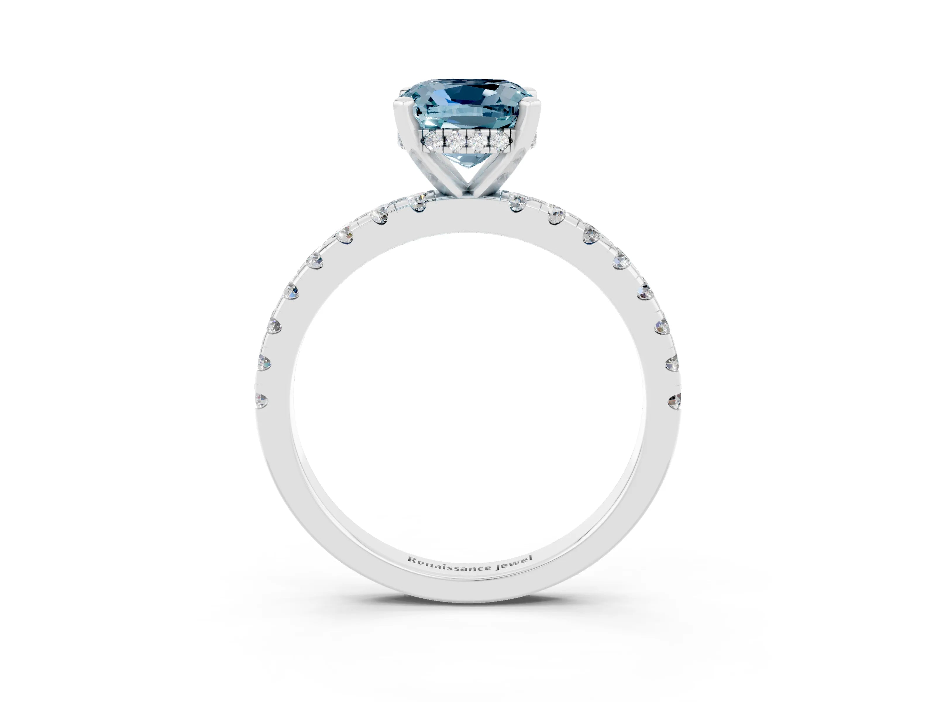 White gold Cushion Cut Aquamarine Solitaire Ring with Pavé Band and Four-Prong Setting_27