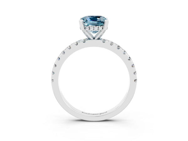 Silver Cushion Cut Aquamarine Solitaire Ring with Round  Pavé Band and Four-Prong Setting