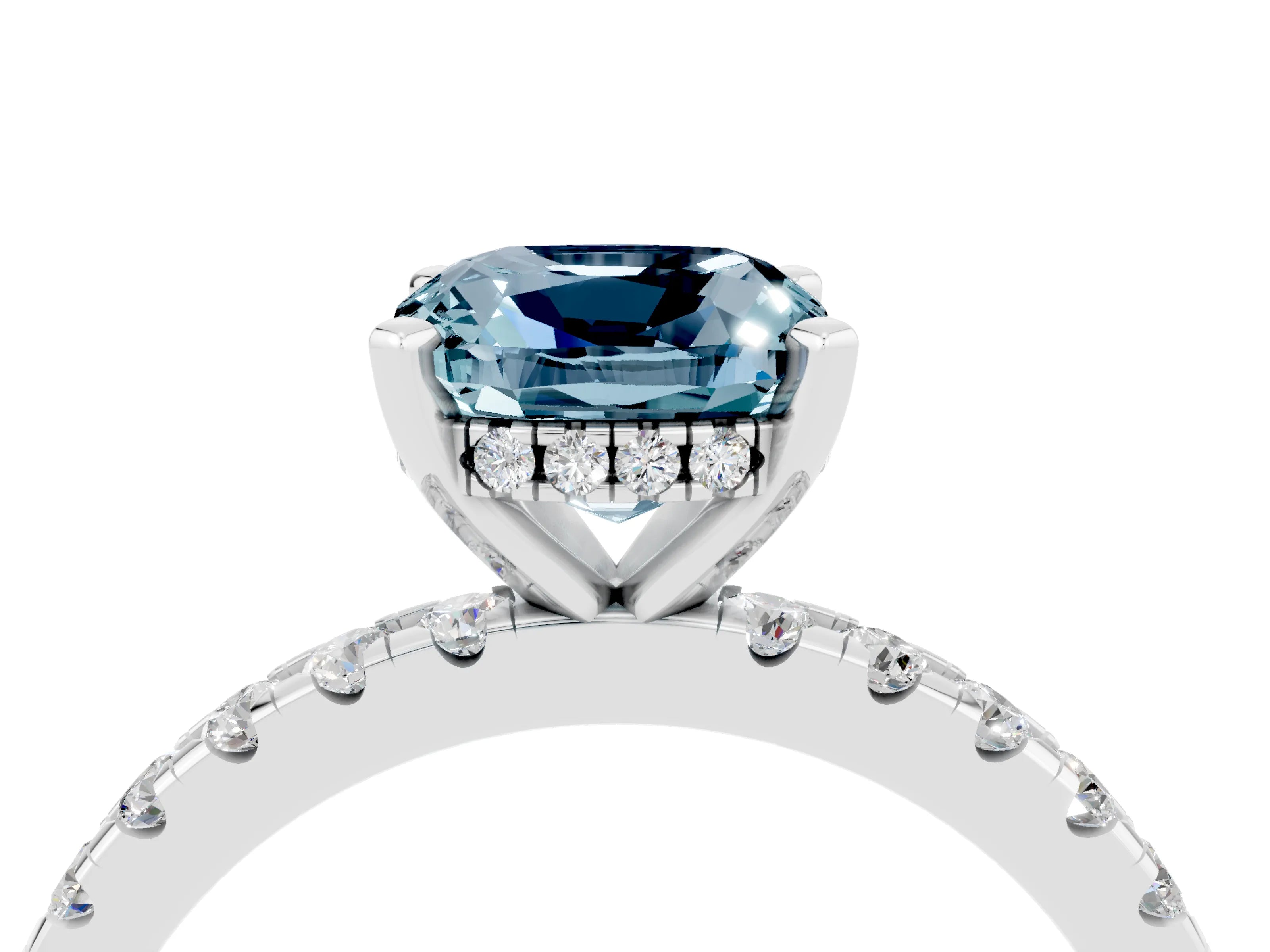 White gold Cushion Cut Aquamarine Solitaire Ring with Pavé Band and Four-Prong Setting_28