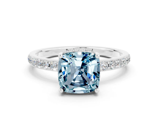 Silver Cushion Cut Aquamarine Solitaire Ring with Pavé Band and Hidden Halo