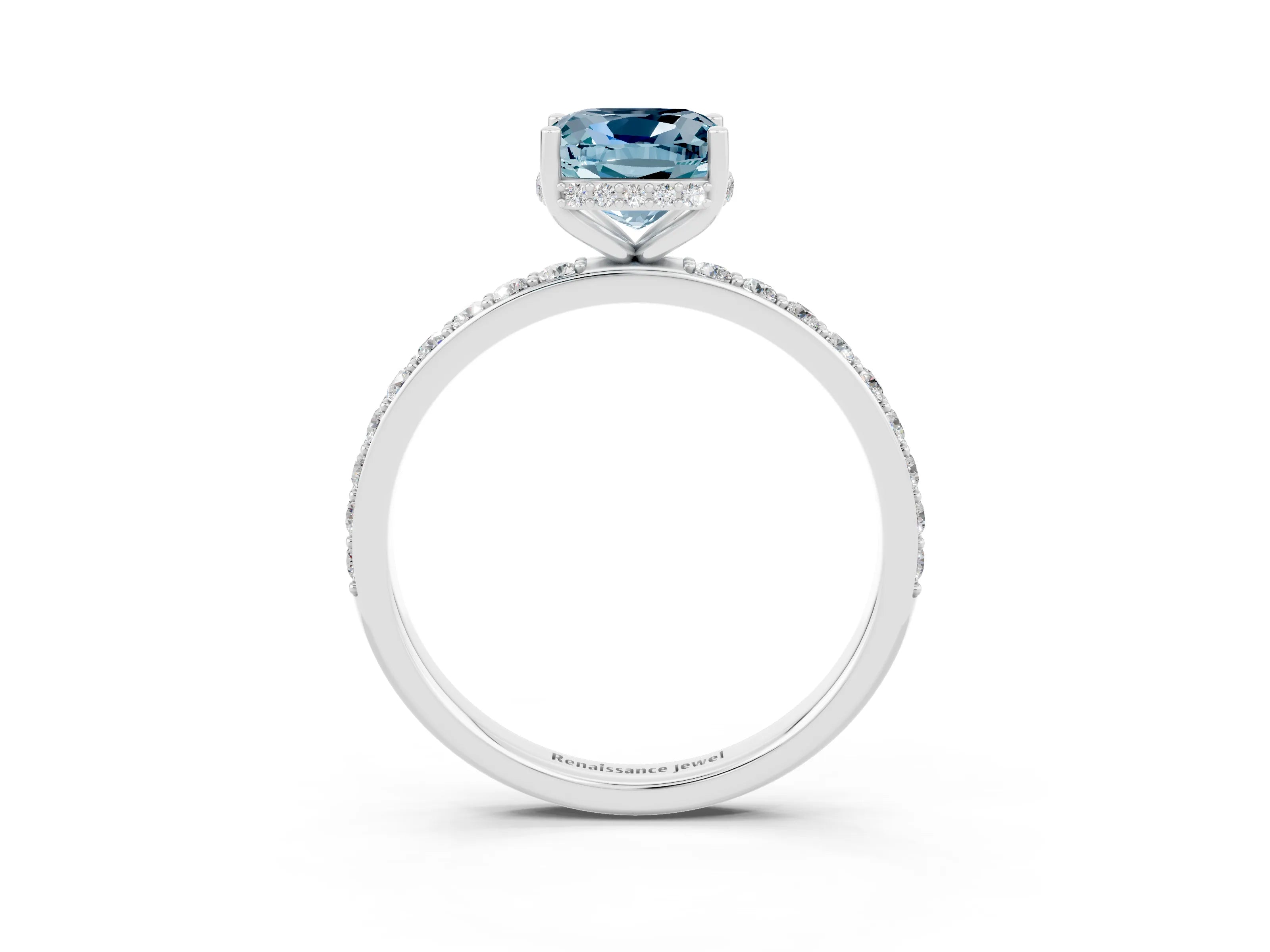 White gold Cushion Cut Aquamarine Solitaire Ring with Pavé Band and Hidden Halo_22