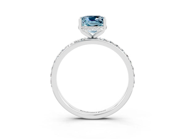 Platinum Cushion Cut Aquamarine Solitaire Ring with Pavé Band and Hidden Halo