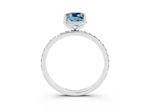 White gold Cushion Cut Aquamarine Solitaire Ring with Pavé Band and Hidden Halo_27