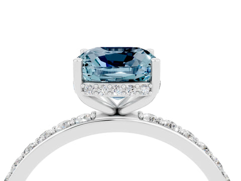 White gold Cushion Cut Aquamarine Solitaire Ring with Pavé Band and Hidden Halo_28