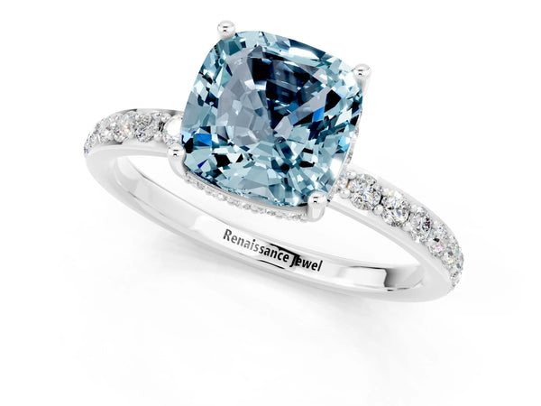 White gold Cushion Cut Aquamarine Solitaire Ring with Pavé Band and Hidden Halo