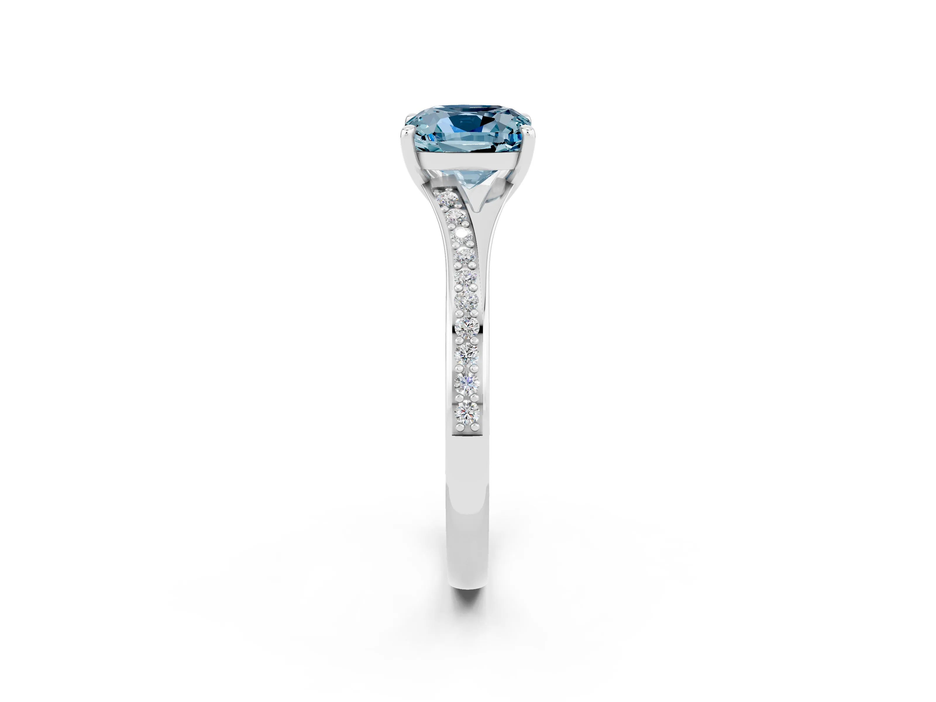 White gold Cushion Cut Aquamarine Solitaire Ring with Pavé Band and Prong Setting_14