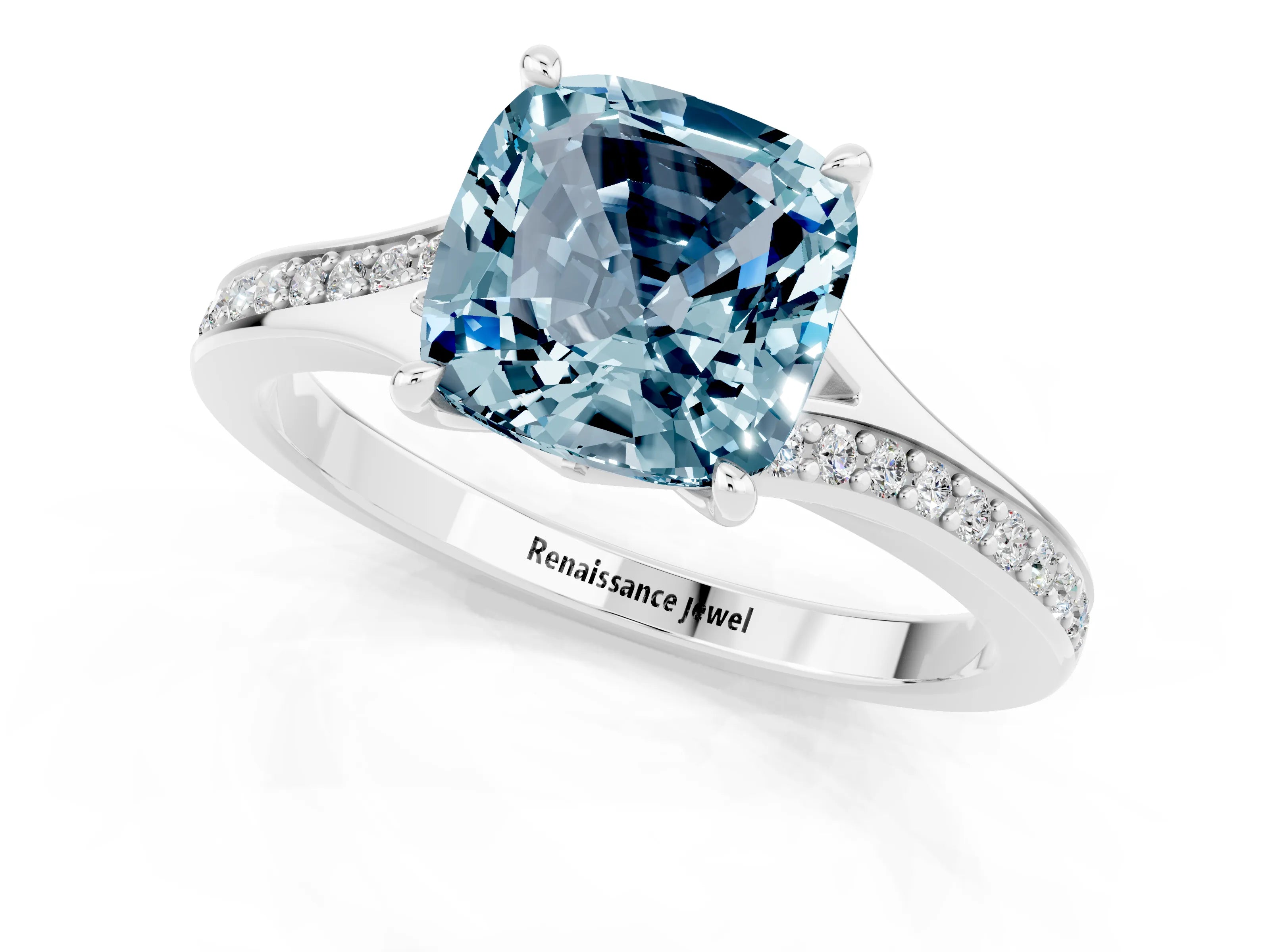 White gold Cushion Cut Aquamarine Solitaire Ring with Pavé Band and Prong Setting_1