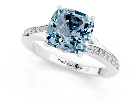 White gold Cushion Cut Aquamarine Solitaire Ring with Pavé Band and Prong Setting_1
