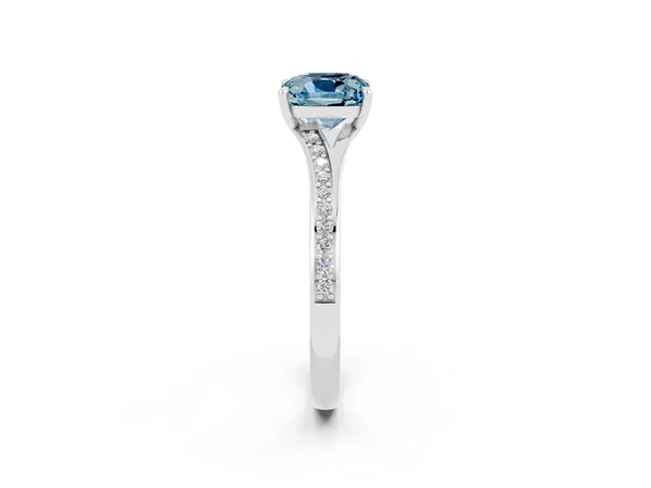 Platinum Cushion Cut Aquamarine Solitaire Ring with Pavé Band and Prong Setting