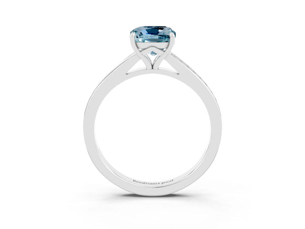 Silver Cushion Cut Aquamarine Solitaire Ring with Pavé Band and Prong Setting