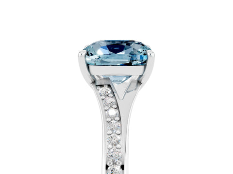 White gold Cushion Cut Aquamarine Solitaire Ring with Pavé Band and Prong Setting_5