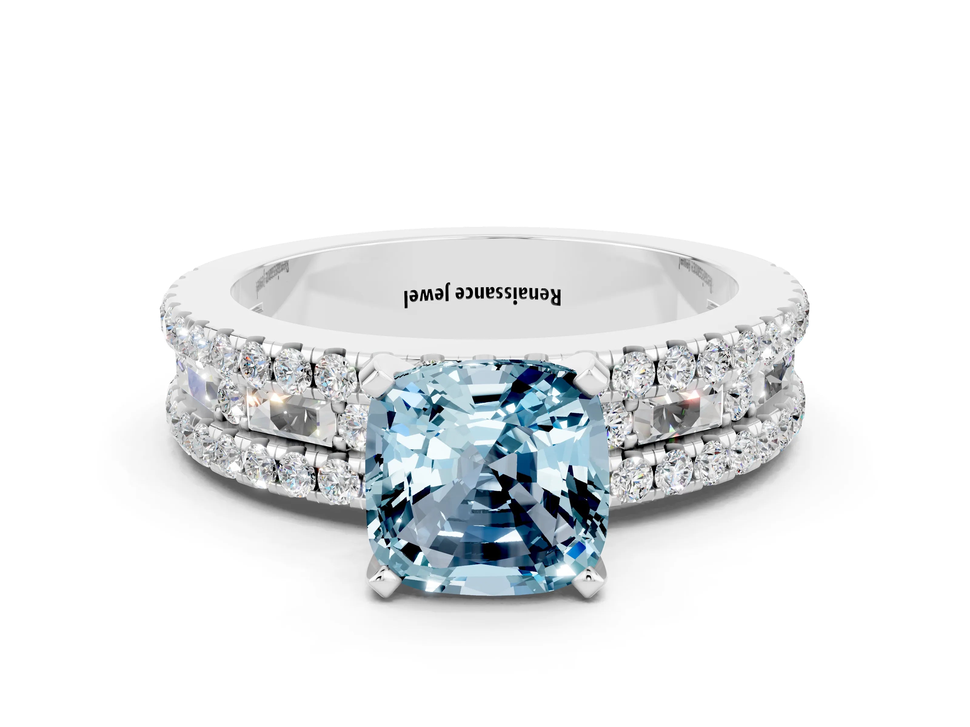 White gold Cushion Cut Aquamarine Solitaire Ring with Pavé and Channel Set Band