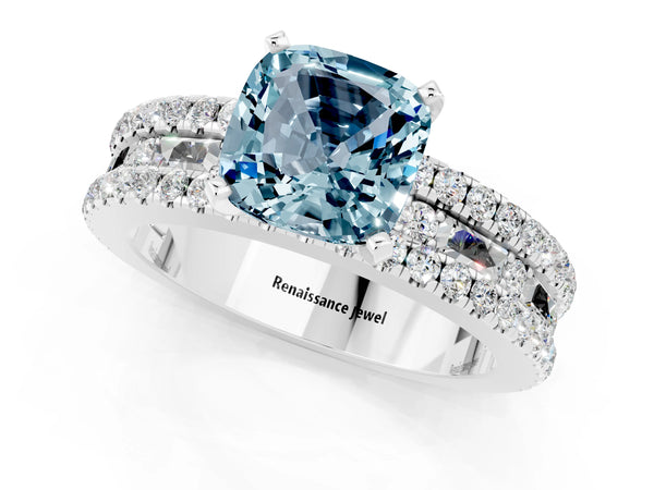 Silver Cushion Cut Aquamarine Solitaire Ring with Pavé and Channel Set Band