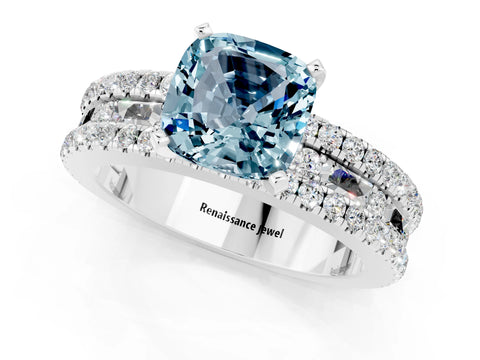 White gold Cushion Cut Aquamarine Solitaire Ring with Pavé and Channel Set Band_1