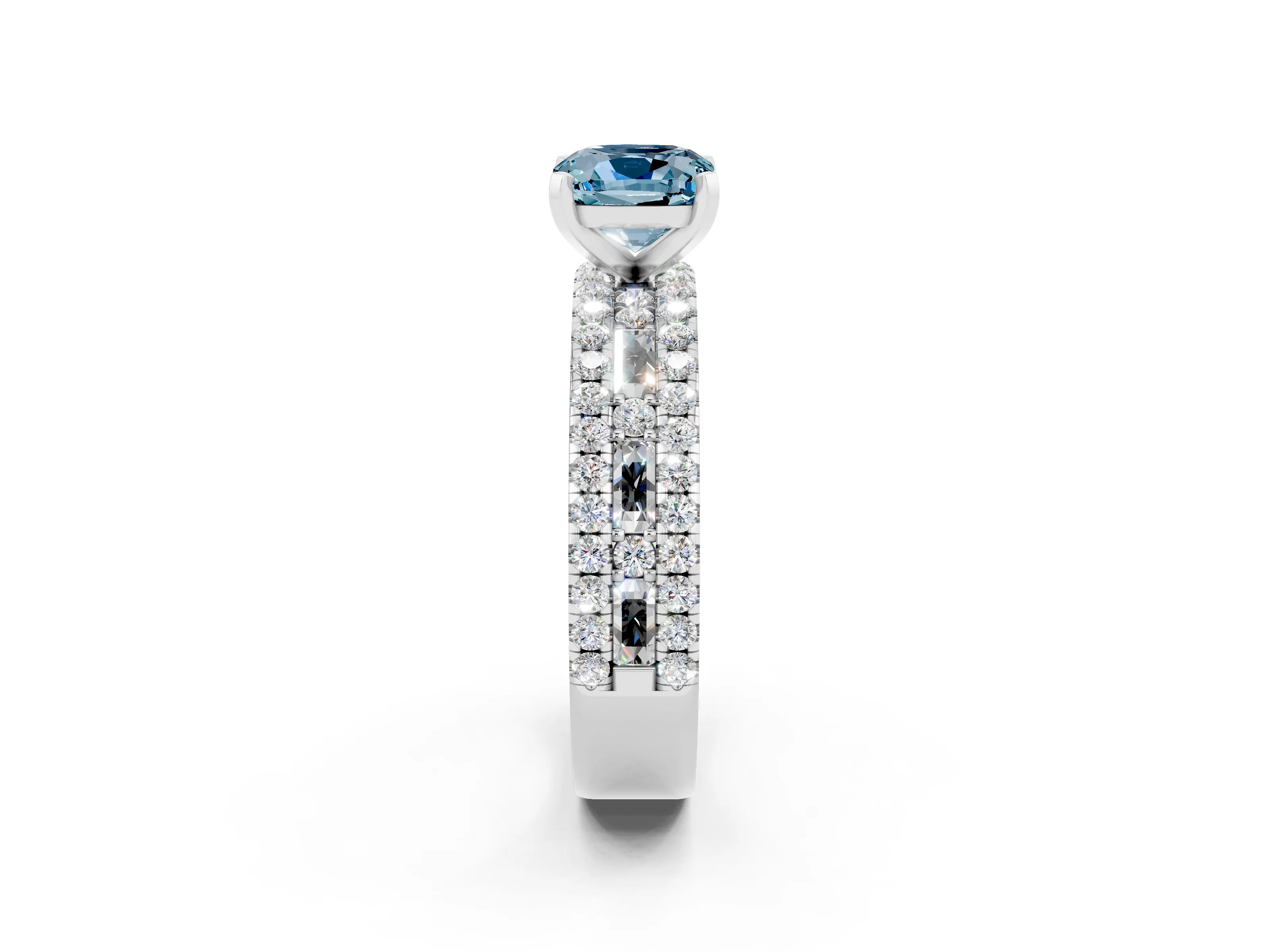 White gold Cushion Cut Aquamarine Solitaire Ring with Pavé and Channel Set Band_2