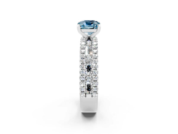 Platinum Cushion Cut Aquamarine Solitaire Ring with Pavé and Channel Set Band