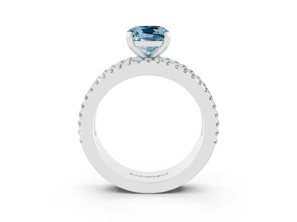 Silver Cushion Cut Aquamarine Solitaire Ring with Pavé and Channel Set Band