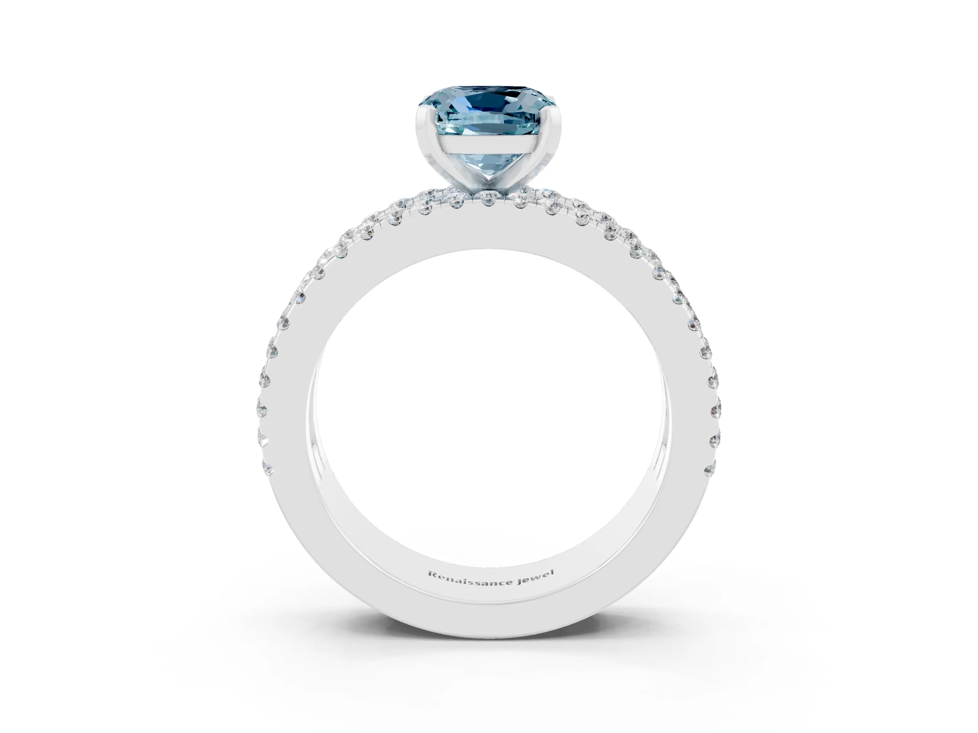 White gold Cushion Cut Aquamarine Solitaire Ring with Pavé and Channel Set Band_3