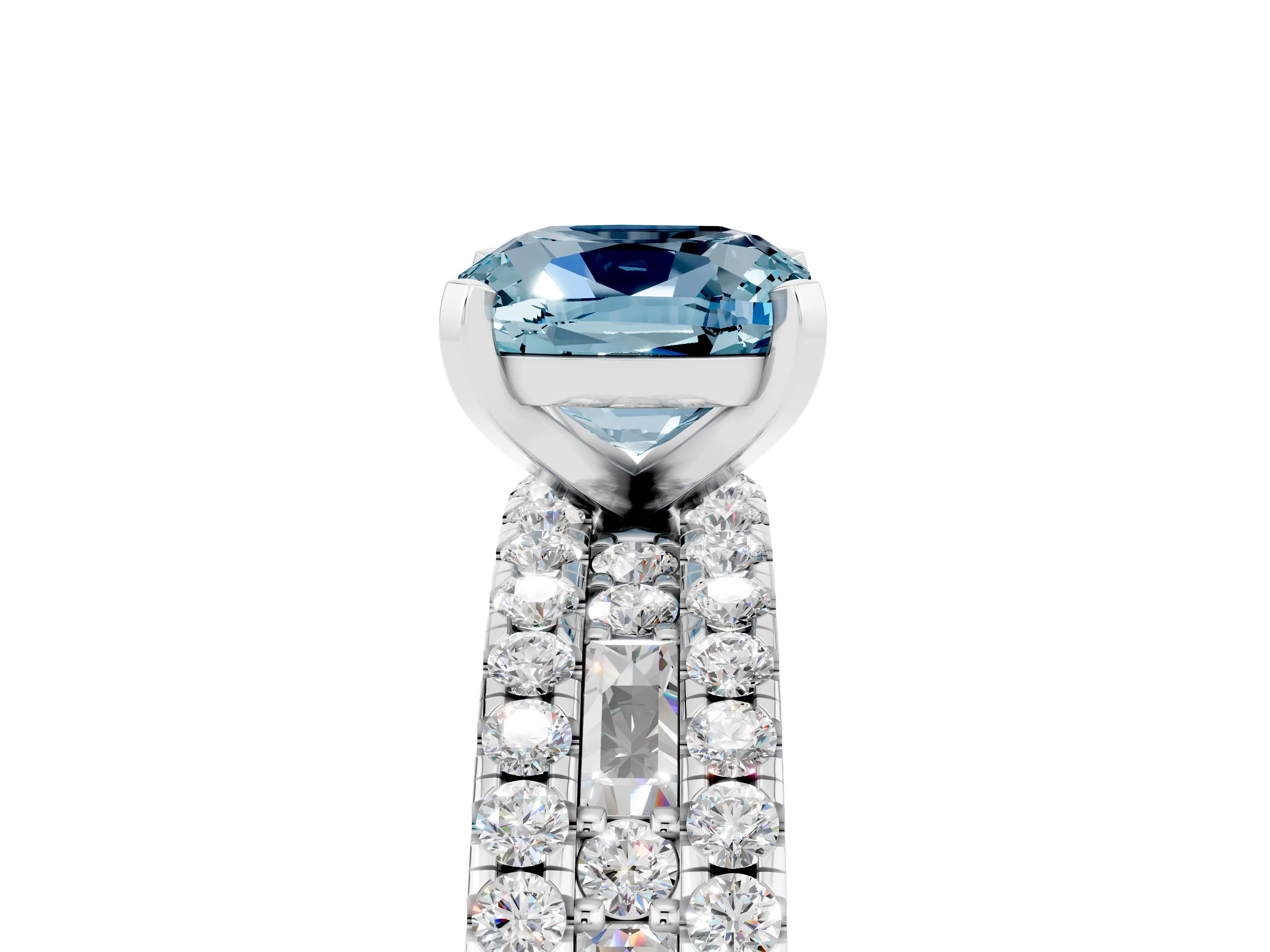 White gold Cushion Cut Aquamarine Solitaire Ring with Pavé and Channel Set Band_5